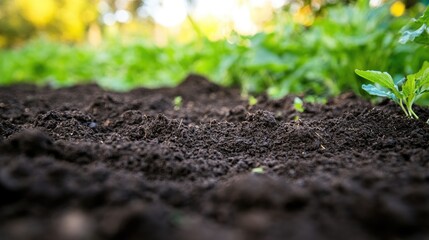 Close-Up of Dark Soil in a Green Garden Setting