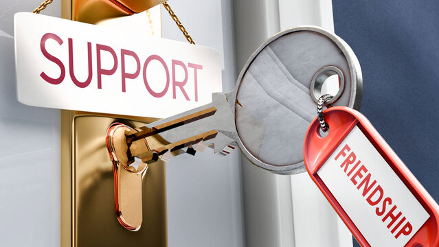 Friendship leads to Support - it's a key to unlock support. A door key metaphor showing how friendship is a key to access support. It's a necessary element to open support. ,3d illustration