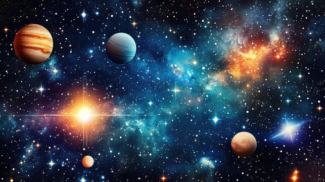 2D illustration with a 3D cartoon rendering A realistic background of a star pattern depicting deep interstellar space Features bright flashing stars planets and moons Various creative science fic