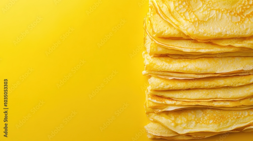 Poster A neatly arranged stack of golden crepes sits on a vibrant yellow backdrop, creating an inviting atmosphere for culinary delights. Generative AI