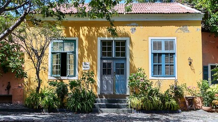 Obraz premium Saint Helena features a delightful colonial structure adorned with vibrant doors, highlighting the island's storied past and distinctive architecture.