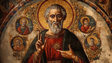 An ancient manuscript illustrates Saint Ignatius of Antioch encircled by symbolic icons that embody his lasting faith and foundational Christian teachings.