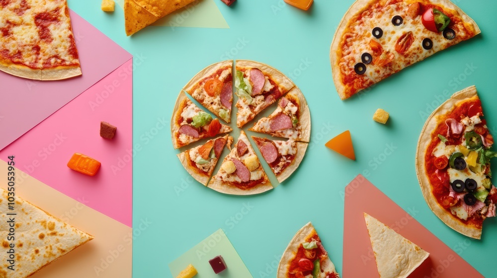 Aufkleber Tacos and various pizza slices are neatly laid out in a geometric pattern against a bright background, inviting food lovers to indulge. Generative AI