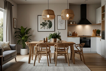 Modern Living and Dining Room Mock-up Poster, Stylish Table, and Rattan Chair
