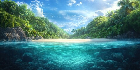 Tropical beach with clear water and lush greenery, Tropical beach scene with clear water and vibrant green vegetation
