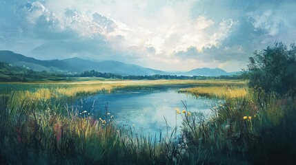 Oil painting depicting a serene natural landscape featuring a picturesque view of a countryside field