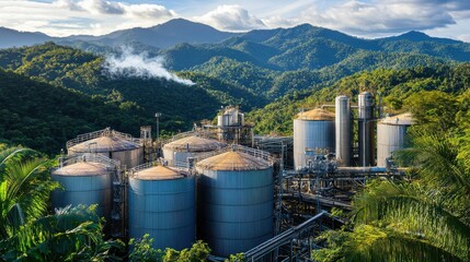 Industrial tanks and machinery involved in the production of palm oil