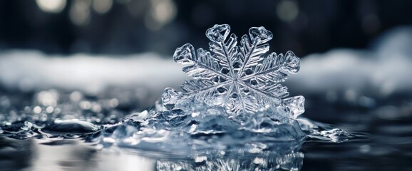 A close-up view of an intricate snowflake resting on still water, capturing the beauty of winter's delicate creations in nature. Wide web banner.