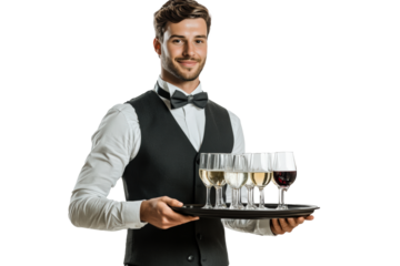 A male waiter in a black vest, white shirt, and bowtie, balancing a tray of drinks in one hand while standing straight with a polite smile.
