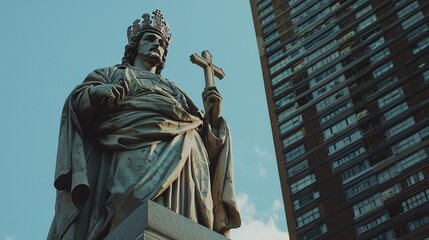 The Saint Rocco statue rises majestically, intricately detailed, embodying both reverence and rich history amidst the cityscape.
