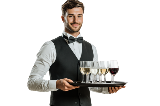 A male waiter in a black vest, white shirt, and bowtie, balancing a tray of drinks in one hand while standing straight with a polite smile. - Powered by Adobe