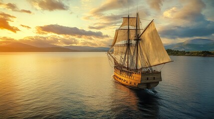 Fototapeta premium A meticulously reconstructed 18th-century wooden ship sailing along the coastline, complete with period-correct sails