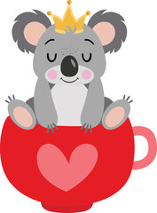 Cute koala with crown on head inside love cup