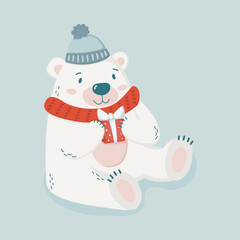 Arctic polar animal, cute white bear on blue background. Vector illustration