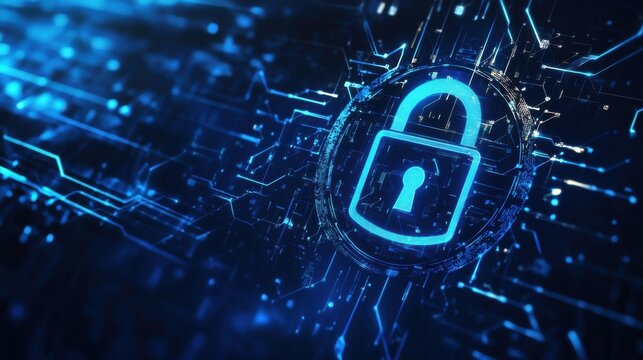 Abstract cyber security visual with padlock icon and blue background