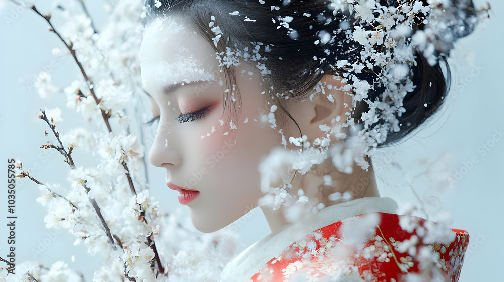 Wall mural Winter Beauty: Woman Adorned with Delicate White Blossoms and Snow