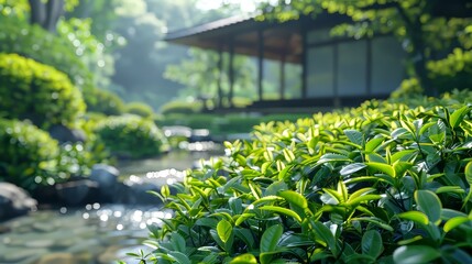 Obraz premium Serene tea landscape. Nature's harmony in sunlight and mist