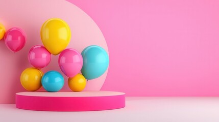 Colorful balloons on a pink background, playful and festive atmosphere.