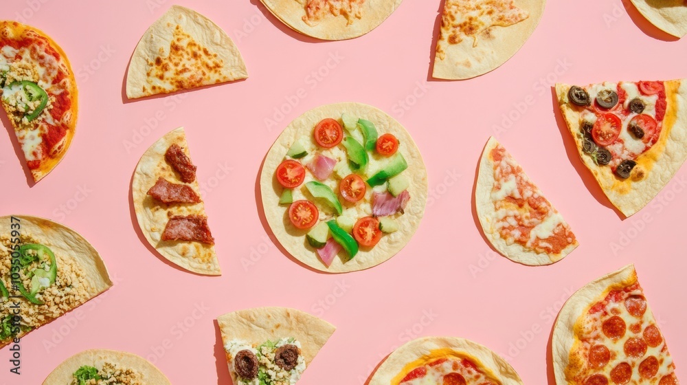 Poster delicious street food items including assorted tacos and pizzas artfully displayed in geometric orde