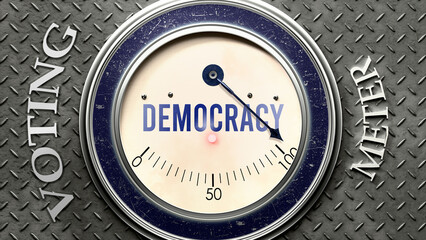 Democracy and Voting that is hitting a full scale, showing a very high level of democracy, overload of it, too much of it. Maximum value, off the charts.  ,3d illustration
