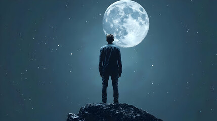 A Man Gazes at the Moon with Wonder and Hope, Under a Starry Night