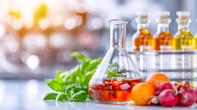 A laboratory counter features a flask filled with a colorful liquid alongside fresh herbs, fruits, and a collection of glass vials, highlighting a creative experiment