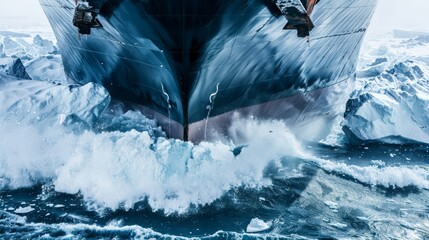Naklejka premium A cargo ship navigating through icy waters, with a focus on the ship's hull and icebreaker capabilities, Maritime setting with rugged ice-covered seas