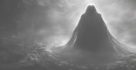 Mysterious Figure in Foggy Forest Setting