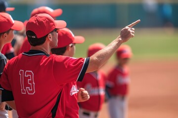 A youth baseball coach instructs his team during a sunny day at a local sports field in mid-afternoon