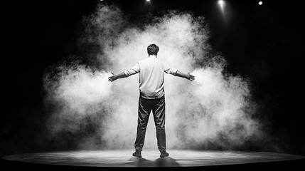 A person stands with arms outstretched in a smoky spotlight, creating a dramatic and expressive scene.