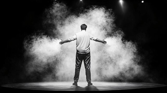 A person stands with arms outstretched in a smoky spotlight, creating a dramatic and expressive scene.