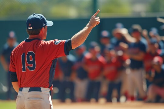 Baseball coach pointing toward the field during a game at a sunny afternoon practice session with players in the background
