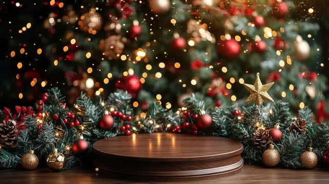 Round wooden podium displaying product with christmas tree background with lights and ornaments creating a festive atmosphere. Ideal for business events or promotions, with space for text or products