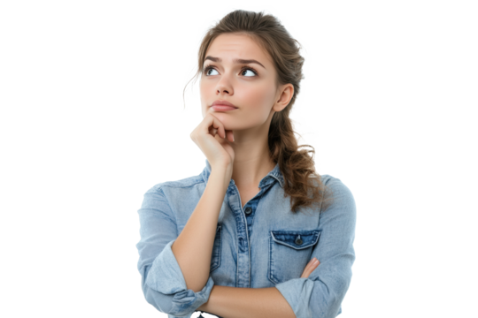 Beauty young woman in casual shirt standing pensive thinking about special offer, touching chin, tilting head up