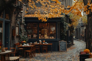A small cafe with a chalkboard menu and a few tables and chairs