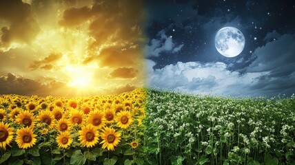 Naklejka premium Field with sunflowers in daylight transitions into moonlit night over flower-filled landscape