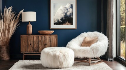 Living room with fluffy armchair pouf wooden commode poster frame and blue wall stylish setup