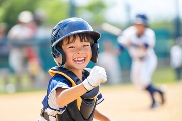 A young boy in a baseball uniform joyfully celebrates after hitting a home run during a game at a local sports field on a sunny day
