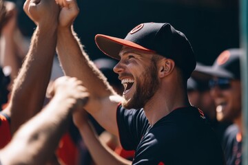 Excited baseball players celebrate a victory during a sunny afternoon game in the stadium