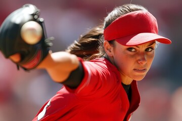 Young female pitcher delivers a fastball during a competitive baseball game on a sunny day