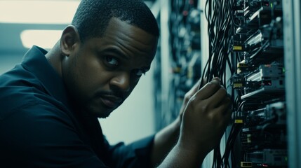 Technician in modern office maintaining network server, surrounded by cables and routers, showcasing focus and professionalism in IT infrastructure management.	
