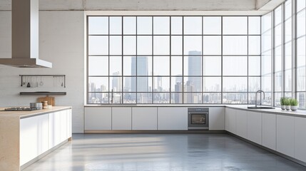 Obraz premium Empty kitchen with city view through large windows