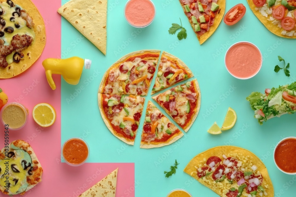 Poster delicious tacos and pizza are artistically arranged in geometric patterns on a bright, colorful surf
