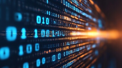 Digital Data Stream with Blue and Orange Lights