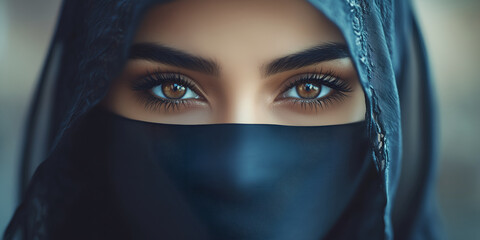 Naklejka premium Close up portrait of beautiful arabian woman in black hijab.