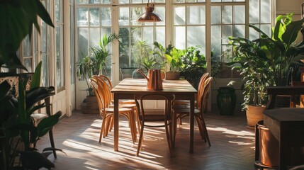 Orangery with oak wooden table chairs copper watering can and modern floor interior design setup
