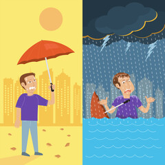 A man with an umbrella in a hot climate turns into a flooded storm. Global Warming Concept. Flat, Vector, Illustration, Cartoon, EPS10. 