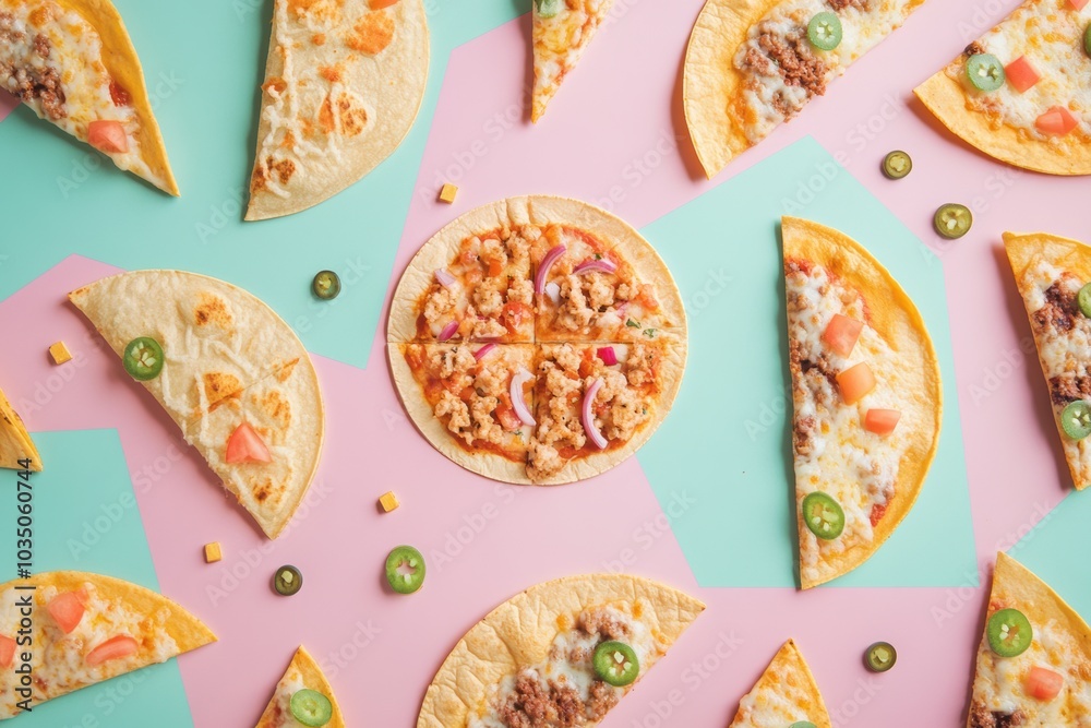 Poster colorful tacos and pizza slices are creatively arranged in geometric patterns on pastel backgrounds 