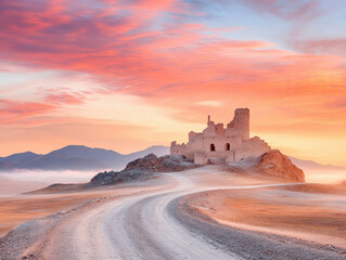 Obraz premium Ancient castle surrounded by scenic desert at sunrise