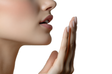 PNG image of Close-up photo of side view of woman's talking mouth with hand